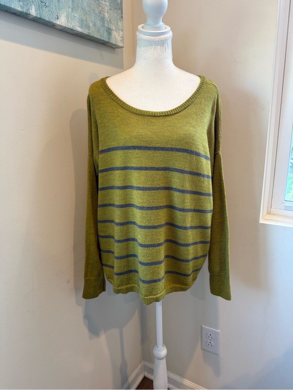 Eileen Fisher 100% Merino Wool Yellow & Gray Striped Scoop Neck Sweater Large